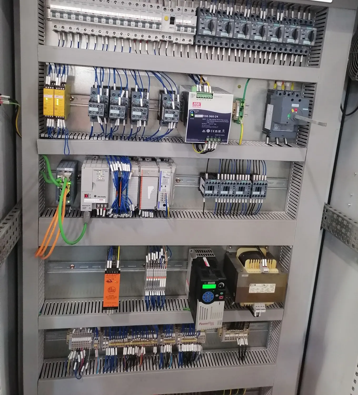 Tablero de máquina con PLC, variador PowerFlex, contactores y seccionador